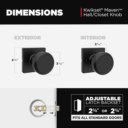 Kwikset Maven Interior Passage Door Knob, Square Handle for Closet and Hallway Doors, Non-Locking Doorknob in Matte Black, with Microban Protection