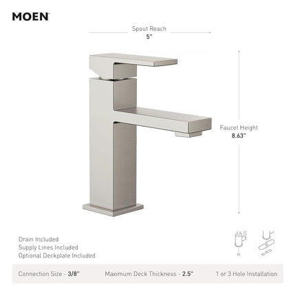 Moen Revyl Matte Black One-Handle Single Hole Modern Bathroom Sink Faucet with Optional Deckplate and Spring Loaded Drain Assembly, 84771BL