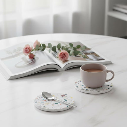 Terrazzo Drink Absorbent Coasters with Holder Set of 6, Ceramic Coaster for Drinks, Coffee Table Decor, Water Absorbing Stone Coaster for Drinks (Mosaic)