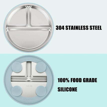 PandaEar 3 Pack Stainless Steel Baby Suction Plates with Lids (Blue)