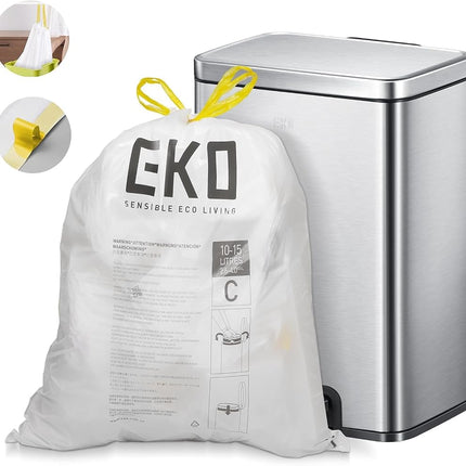 EKO Easy-Dispense Roll 80 Count Extra-Strong Drawstring Small Trash Bag, 4 Gallon Trash Bag (10-15L) 1 Pack White, Code C
