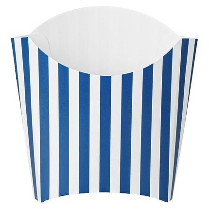 Restaurantware-Bio Tek 4.5 x 3.2 x 3.9 Inch French Fry Cup, 100 Disposable Snack Cups - Stackable, Sustainable, Blue and White Paper 3 Ounce Fry Holder, for Fries, Onion Rings, Popcorn, or Cookies