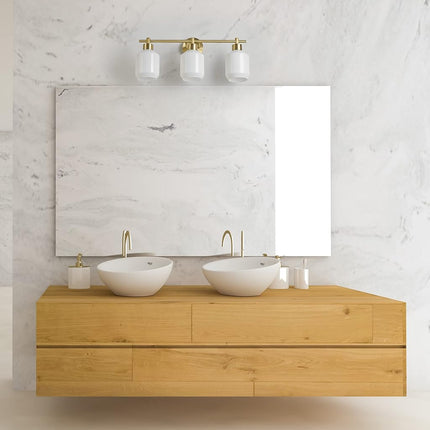 Globe Electric 52055 Cannes 3-Light, Gold Bathroom Vanity Light Fixtures, Modern Wall Lighting with Milk Glass Shades, Vanity Lights for Bathroom, Brass Bathroom Light fixtures