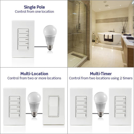 Leviton Countdown Switch for Lights, attic, heaters, Pool Pumps, 15-30 min, 1-2 Hour, Neutral Wire Required, 20A, 1 HP/16A Fan/Motor, Single Pole, Multi-Way or Multi-Timer, DT202-1LW, White