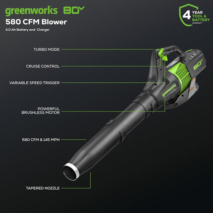 Greenworks 80V 21� Brushless (Self-Propelled) Cordless Electric Lawn Mower + (580 CFM) Axial Leaf Blower (75+ Compatible Tools), 4.0Ah Battery and 60 Minute Rapid Charger, Green and Black
