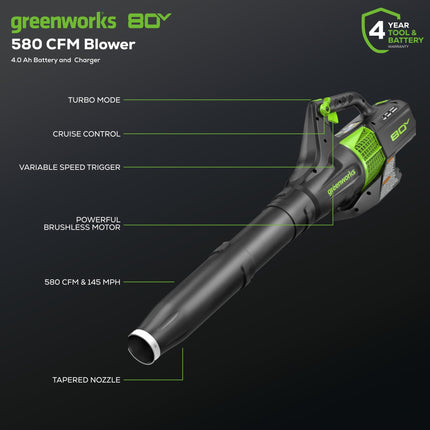 Cortacésped eléctrico inalámbrico (autopropulsado) sin escobillas de 21" y 80 V de Greenworks + soplador de hojas axial (580 CFM) (más de 75 herramientas compatibles), batería de 4.0 Ah y cargador rápido de 60 minutos, verde y negro