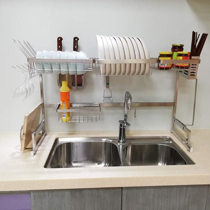 Égouttoir à vaisselle en acier inoxydable à poser sur l'évier, étagère de rangement pour vaisselle et ustensiles de cuisine, organisateur de comptoir de cuisine, porte-ustensiles, économiseur d'espace de cuisine (pour évier ≤ 33,5 pouces)
