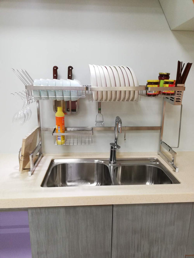Stainless Steel Dish Drying Rack Over Kitchen Sink