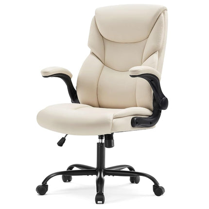 Sweetcrispy Ergonomic Office Chair Heavy Duty Task Desk Chair with Flip-up Arms, PU Leather, Adjustable Swivel Rolling Chair with Wheels, Beige