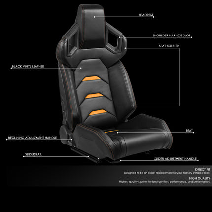 DNA MOTORING Pair of Universal Reclinable Racing Seats with Sliders,20.5" W X 23" D X 37" H, Orange, RS-JBR-007-OG