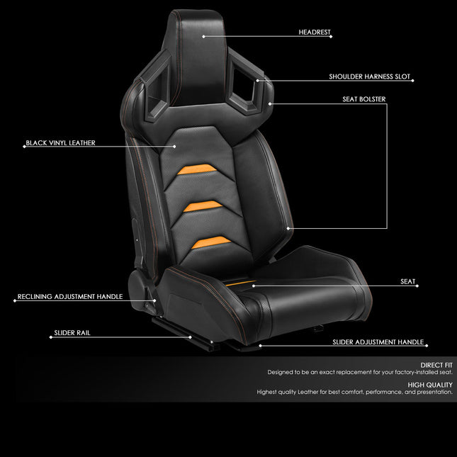 DNA MOTORING Pair of Universal Reclinable Racing Seats with Sliders,20.5" W X 23" D X 37" H, Orange, RS-JBR-007-OG