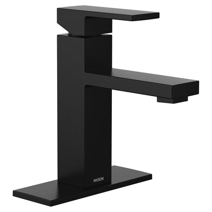 Moen Revyl Matte Black One-Handle Single Hole Modern Bathroom Sink Faucet with Optional Deckplate and Spring Loaded Drain Assembly, 84771BL