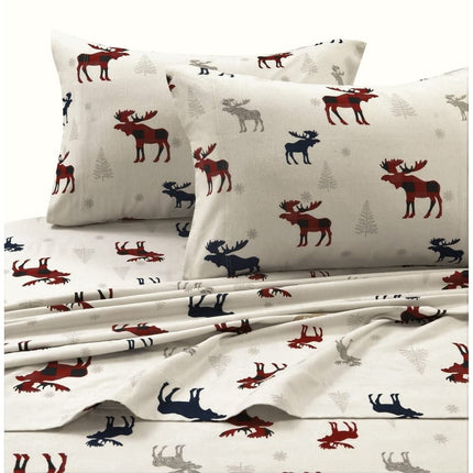 Tribeca Living PLRE170SHEETCK Parure de draps en flanelle à motif de wapiti, poches profondes, très grand lit