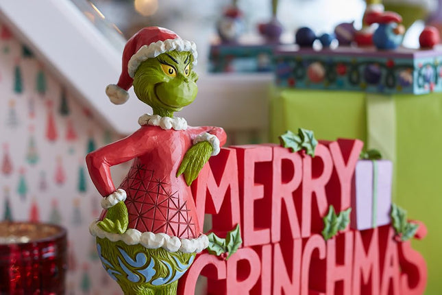 Enesco Dr. Seuss Grinch by Jim Shore Santa Grinch Merry Christmas Word Sign Grinch Figurine, Stone Resin Hand Crafted Collectible Christmas Figurines Home Decor Sculpture Statue, 7.09 Inch, Multicolor