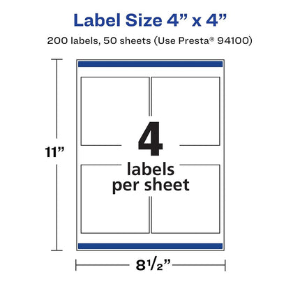 Avery Durable Waterproof Square Labels with Sure Feed, 4" x 4", 200 Oil and Tear-Resistant Waterproof Labels, Laser/Pigment-Based Inkjet Printable Labels