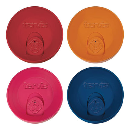 Tervis Travel Lid Made in USA Double Walled Insulated Tumbler Travel Cup Keeps Drinks Cold & Hot, Fits 24oz Tumblers & 16oz Mugs - 4pk, Assorted Red Orange Fuchsia Navy