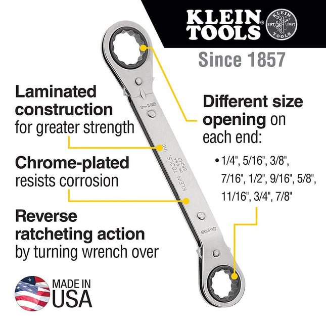 KLEIN TOOLS 68245 Reversible Ratcheting Box Wrench Set, 5-Piece, Black, Made in USA