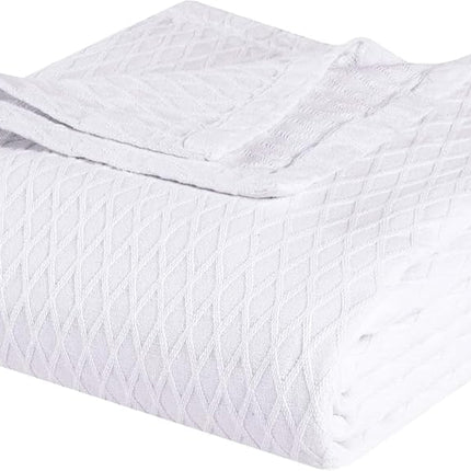 Superior 100% Cotton Thermal Blanket, Soft and Breathable Cotton for All Seasons, Bed Blanket and Oversized Throw Blanket with Luxurious Diamond Weave - Twin Size, White