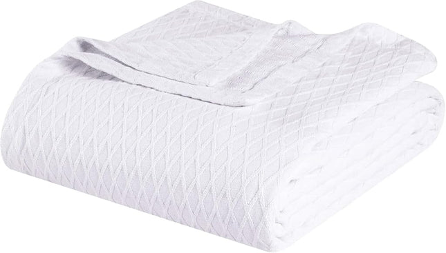 Superior 100% Cotton Thermal Blanket, Soft and Breathable Cotton for All Seasons, Bed Blanket and Oversized Throw Blanket with Luxurious Diamond Weave - Twin Size, White