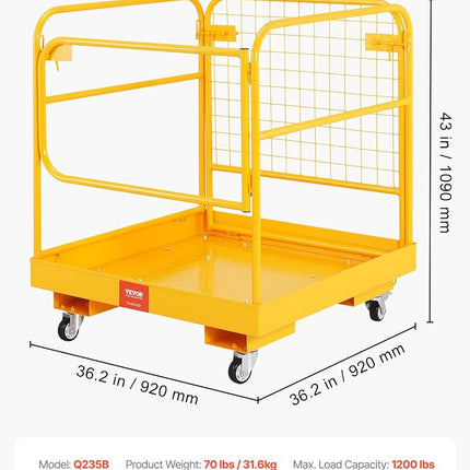 VEVOR Forklift Safety Cage, 36 x 36 Inches Foldable Forklift Work Platform of 1200 lbs Load Capacity with Lockable Swivel Wheels, Drain Hole & Device Chain, Holds 1 to 2 Adults, Ideal for Aerial Work