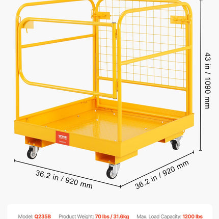 VEVOR Forklift Safety Cage, 36 x 36 Inches Foldable Forklift Work Platform of 1200 lbs Load Capacity with Lockable Swivel Wheels, Drain Hole & Device Chain, Holds 1 to 2 Adults, Ideal for Aerial Work
