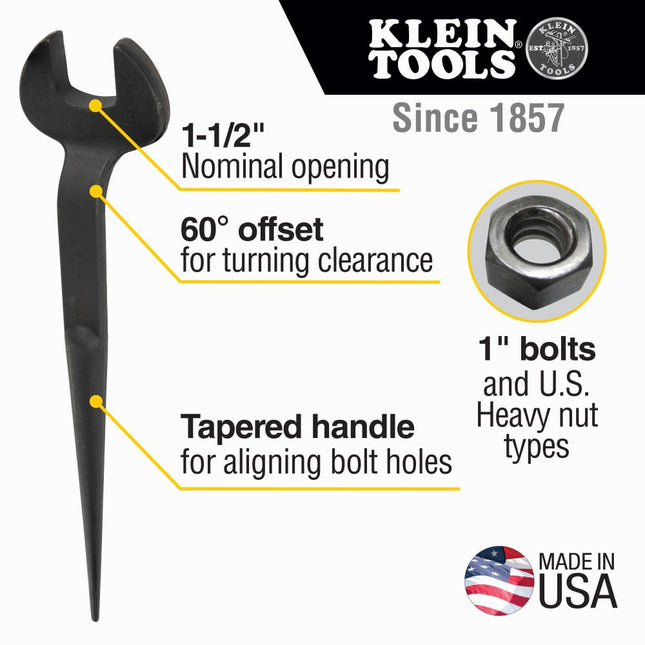 Klein Tools 3224 Construction Spud Wrench, Made in USA, 1-1/2-Inch Nominal Opening, 1-Inch Bolt for U.S. Regular Nut