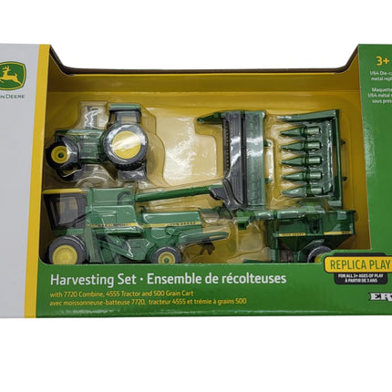 John Deere 1/64 Scale 5 pc Harvesting Set 4555 Tractor, 7720 Combine w/2 Heads, 500 Grain Cart