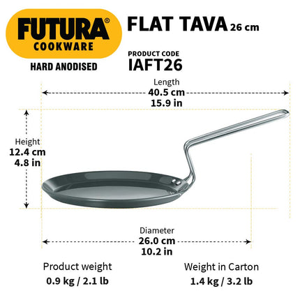Hawkins Futura Induction Compatible Hard Anodised Flat Tava, 26 cm Diameter, Black