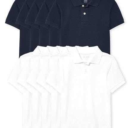 The Children's Place Boys' Short Sleeve Pique Polo, 10 Pack, Nautico/White, Small