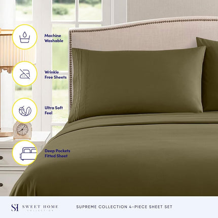 Sweet Home Collection Luxury Bedding Set with Flat, Fitted Sheet, 2 Pillow Cases, Find Double Brushed Microfiber, Olive, Twin