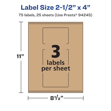 Avery Kraft Brown Rectangle Labels with Sure Feed, 2.5" x 4", 75 Kraft Brown Labels, Print-to-The-Edge, Laser/Inkjet Printable Labels