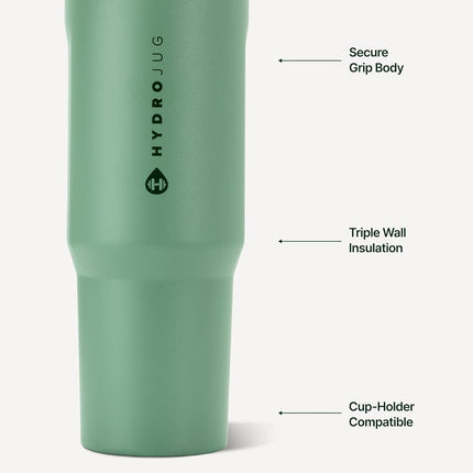 HydroJug Sport - Stainless Steel Tumbler with Straw, Vacuum Insulated, 32oz Leakproof Water Bottle, Ergonomic Design, Reusable, Dishwasher Safe, Rubber Base, Durable for Gym or Outdoors, Sage