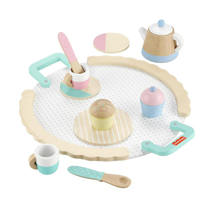 Juego de té de juguete de madera Fisher-Price para juego de imitación, juego de 12 piezas de madera con tetera, tazas y platillos para niños en edad preescolar de 3 años en adelante.