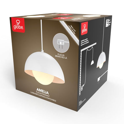 Globe Electric Amelia 1-Light Plug-in Pendant Lighting, Matte White, White Glass Shade