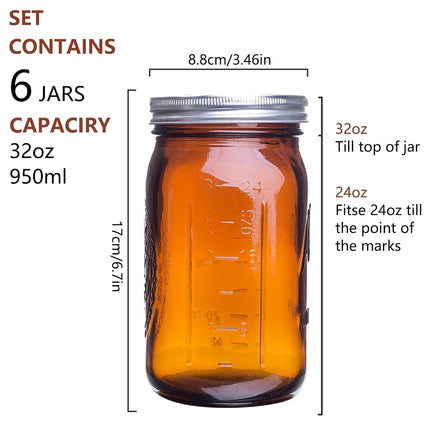 ElegantTime Amber Glass Mason Jars, 32 oz Wide Mouth with Airtight Lids and Bands - 6 Pack Large Glass Canning Jars, Great for Canning, Pickling, Fermenting, Jam Making