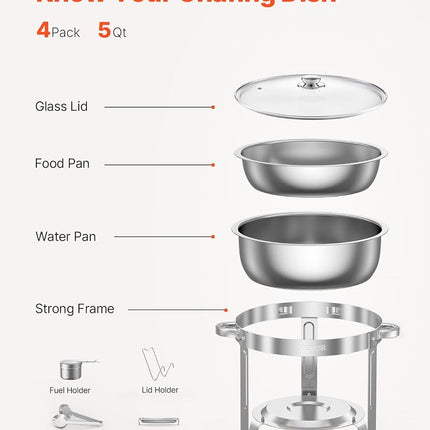 VEVOR Chafing Dish Buffet Set, 5 Qt 4 Pack, Stainless Steel Chafer with 4 Full Size Pan, Round Catering Warmer Server with Glass Lid Water Pan Folding Stand Fuel Holder, for Wedding Party Banquet