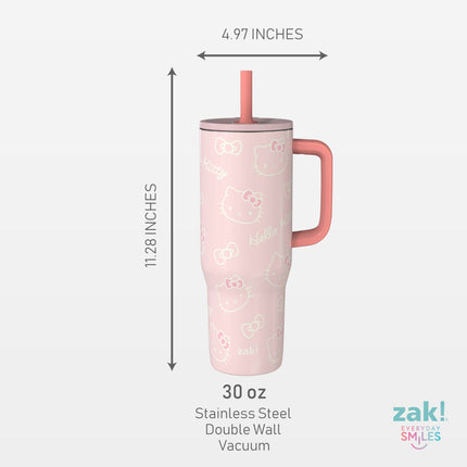 Vaso de viaje Zak Designs Sanrio Sutton para llevar, 30 oz, acero inoxidable con aislamiento al vacío, pajita de silicona y asa de transporte para bebidas frías (Hello Kitty)