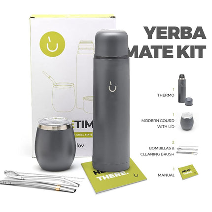 BALIBETOV Complete Yerba Mate Set - Modern Mate Gourd, Thermos, Bombilla and Cleaning Brush Included - All Premium Quality 304 18/8 Stainless Steel (Gray)