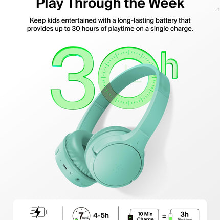 Belkin SoundForm Mini - Wireless Bluetooth Headphones for Kids with 30H Battery Life, 85dB Safe Volume Limit, Built-in Microphone - Kids On-Ear Earphones for iPhone, iPad, & More - Mint w/Case