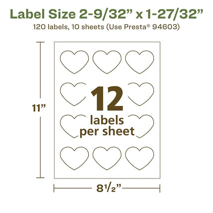 Avery EcoFriendly Matte White Recycled Heart Labels, 2-9/32" x 1-27/32", Print-to-The-Edge, Matte White Labels, Permanent Label Adhesive, Laser/Inkjet, 120 Printable Labels