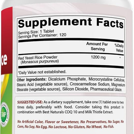 Best Naturals Red Yeast Rice Cholesterol Support 1200 mg (Non-GMO) 120 Tablets (120 Count (Pack of 3))