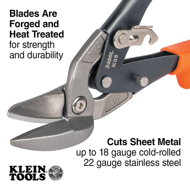 Klein Tools 2400L Left-Cutting Offset Snips, Aviation Tin Snips with Forged Blade for Precision Sheet Metal Cutting