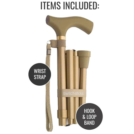Switch Sticks Aluminum Adjustable Folding Cane and Walking Stick collapses and adjusts from 32 to 37 inches, Gold