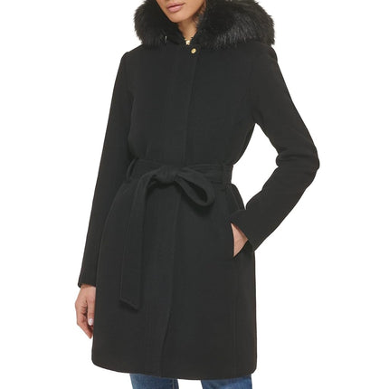 Cole Haan Womens Hooded Coat Slick Wool With Detatchable Faux Fur TrimDown Coat, Black, 14