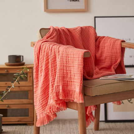Manta de muselina de algodón Simple&Opulence para cama, sofá, manta de gasa tejida con borlas, suave, ligera, acogedora, prelavada, transpirable, decoración de casa de campo para todas las estaciones (rojo coral)