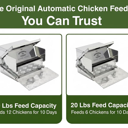 Grandpas Feeders Automatic Chicken Feeder - 20 lbs No Waste Poultry Feeder, Rat Proof & Rodent Proof Treadle Chicken Feeder, Galvanized Steel with Lid, Feeds 6 Chickens up to 10 Days