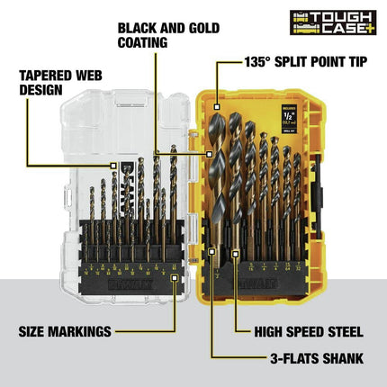 Jeu de forets DEWALT, 21 pièces, pointe fendue à 135 degrés, hélice à 31 degrés, revêtement en oxyde noir, pour plastique, bois et métal (DWA1181)