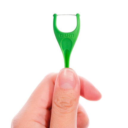 GUM Angled Flosser Picks, Easily Reaches Back Teeth, Fresh Mint Flavour, Lime Green, 75 Flossers (1 Bag)