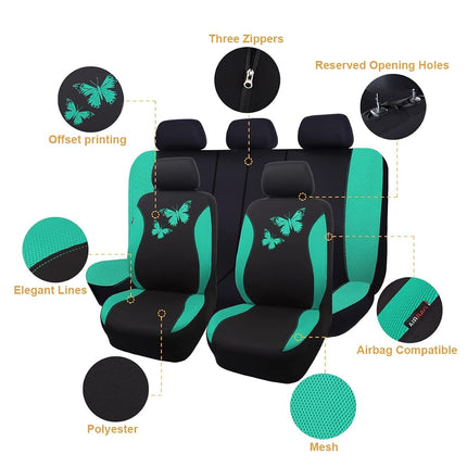 Flying Banner Butterfly car seat Covers ful Set Fashion Universal Lady Woman Female Rear Bench Split Colorized (Full Set, Mint Green)