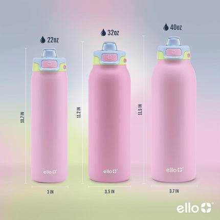 Ello Pop & Fill 40oz Stainless Steel Water Bottle with Quick Fill Technology, Double Walled and Vacuum Insulated Metal, Leak Proof Locking Lid, Sip and Chug, Reusable, BPA Free, Rosy Skyline